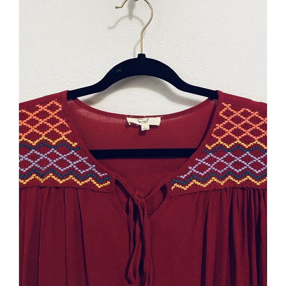 Easel Top Womens Large Red Embroidered Peasant Tie Neck Puffy Sleeve Boho Hippie - Picture 2 of 6